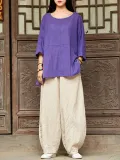 Cotton Linen Paneled Casual T-Shirt