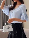 Plus Size  V-neck Chiffon Short Sleeve  Solid  Casual  Top