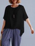 Plus Size Women Short Sleeve Round Neck Solid Loose Casual Tops
