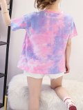 Women Short Sleeve Round Neck Vintage Gradient Tie Dyeing  Floral Casual Tops