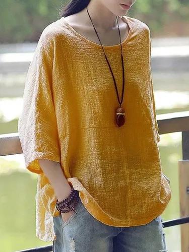 New Women Casual Loose Solid O-neck Shirt Half Sleeve Cotton Linen Top