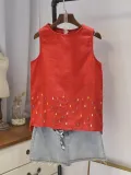 Casual Round Neck Sleeveless Embroidery Tops