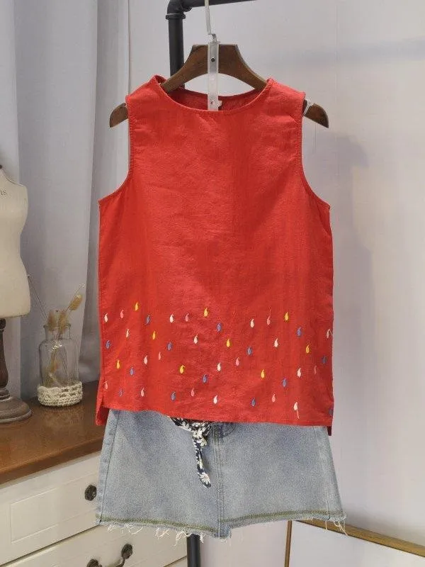 Casual Round Neck Sleeveless Embroidery Tops