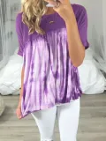Red Patchwork Round Neck Cotton-Blend Short Sleeve Shirts & Tops