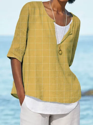 Plaid Half Sleeve Cotton-Blend Casual Shirts & Tops