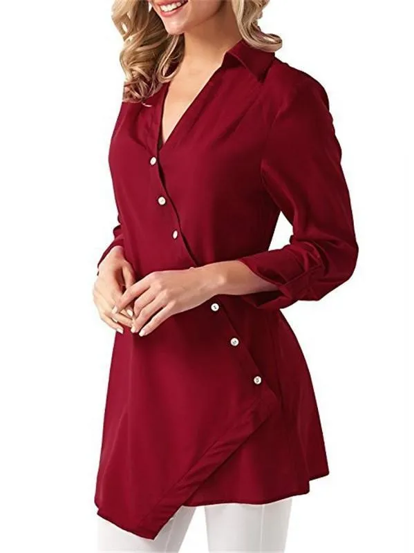Chiffon Asymmetric Button Solid Shirt Collar Casual Blouse & Shirts