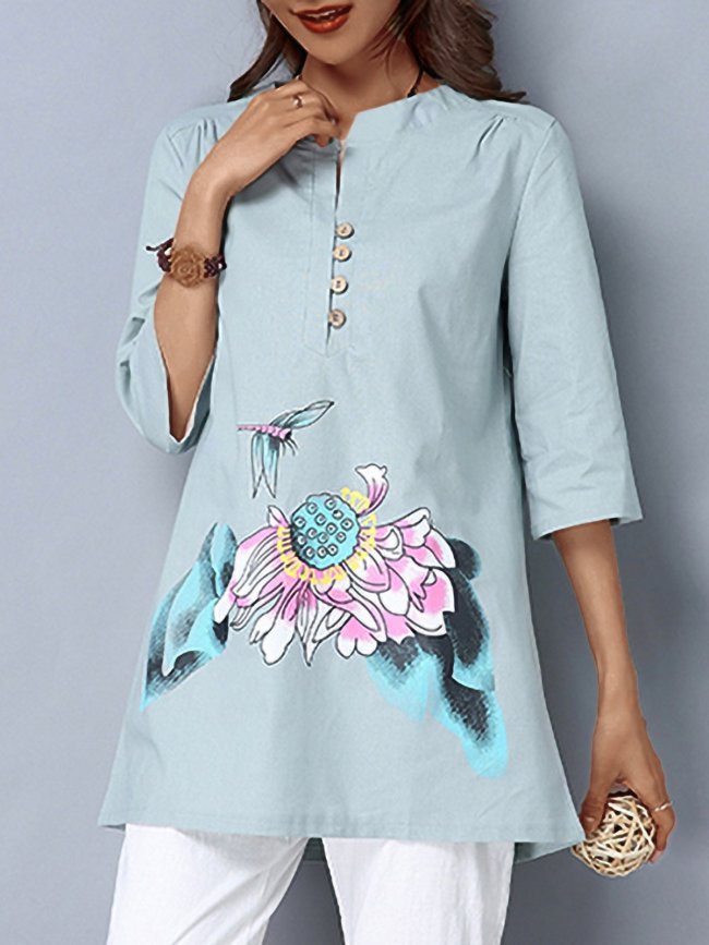 Plus Size Women Hand-painted V-neck Half Sleeves Midi Casual Tops