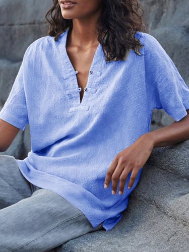 Short Sleeve Casual Solid V Neck Shirts & Tops