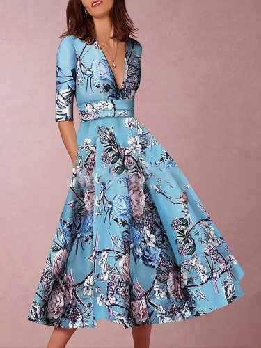 Women Blue Printed Elegant V Neck Evening Gowns Party Dresses