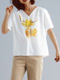 Plus Size Women Floral Short  Sleeve  V-Neck Cotton And Linen Loose Casual Top
