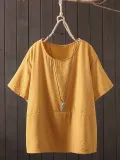 Short Sleeve Solid Round Neck Cotton-Blend Shirts & Tops