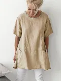 Short Sleeve Crew Neck Pockets Shirts Daily Plus Size Tops
