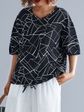 Simple Line Floral Short Sleeve Cotton And Linen Loose Casual Tops