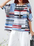 Plus Size  Cotton And Linen Striped  Loose Half  Sleeve  Casual  Top