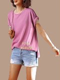 Plus Size Women  Embroidered Floral Short  Sleeve  Round  Neck  Solid  Loose Casual Top