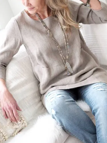 Long Sleeve Solid Cotton-Blend Shirts & Tops