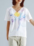 Plus Size Women Floral Short  Sleeve  V-Neck Cotton And Linen Loose Casual Top