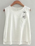 White Crew Neck Casual Sleeveless Abstract Shirts & Tops