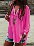 Women V neck Slit Long Sleeve Blouse