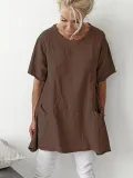 Short Sleeve Crew Neck Pockets Shirts Daily Plus Size Tops