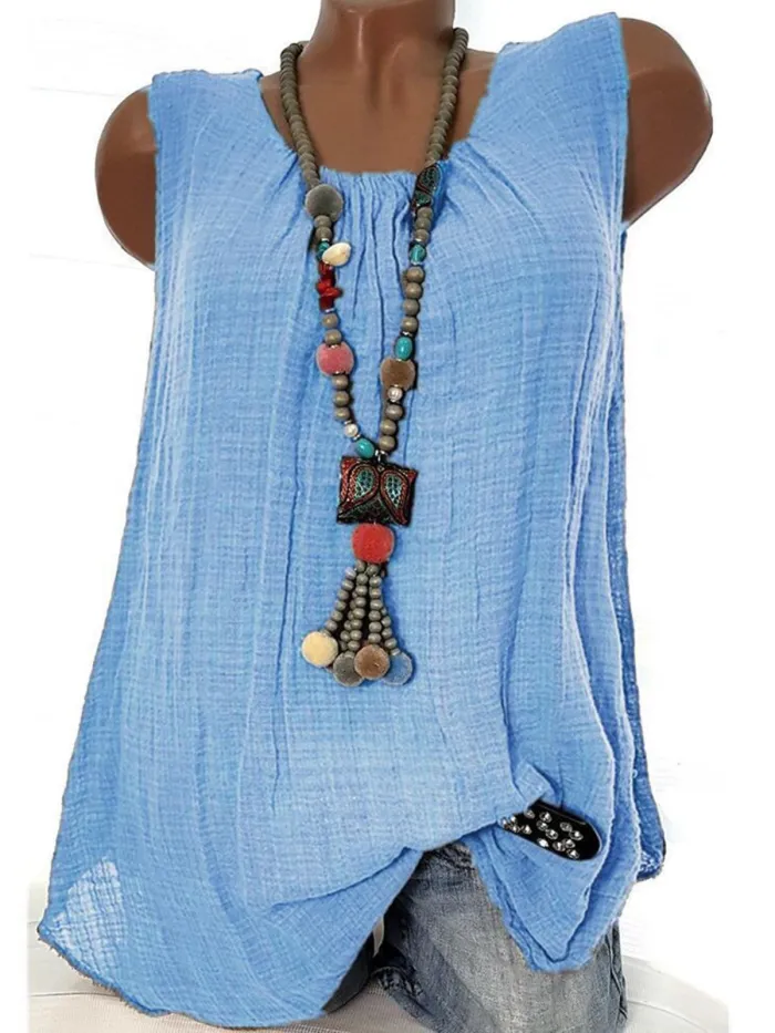 Women  Linen Causal Tops Round Neck Solid  Sleeveless Tanks