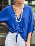 Women Blouses Knot Front V-Neck 3/4 Sleeves Buttoned Tops