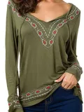 Basic V neck Embroidered Plus Size Cotton-blend T-Shirt