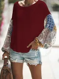 Color-block Balloon Sleeve Solid Crew Neck T-Shirt