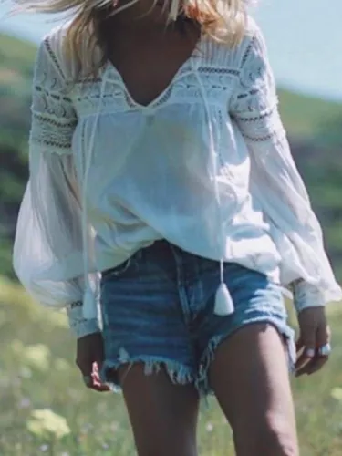 Long Sleeve V Neck Lace Shirts & Tops