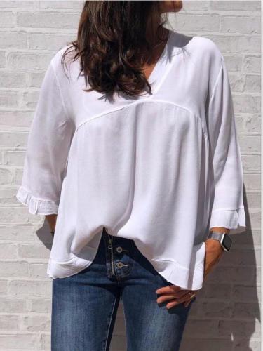 Plus Size Casual 3/4 Sleeve V Neck Solid Tops