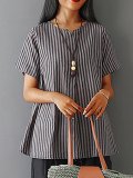 Plus  Size  Women  V-neck Short Sleeve  Striped Linen Loose Casual Top