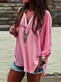 Women V neck Slit Long Sleeve Blouse