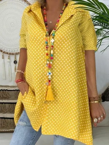 Casual Short Sleeve Shirt Collar Polka Dots T-shirt