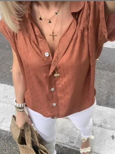 Red Brown Cotton-Blend V Neck Polka Dots Short Sleeve Shirts & Tops