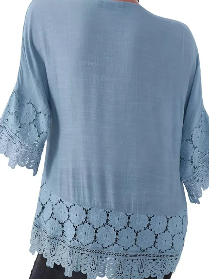 Women Casual Loose Lace Cutout Tops Tunic Blouse Shirt