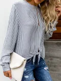 Blue Crew Neck Striped Casual Blouse