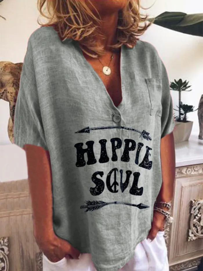 V Neck Short Sleeve Cotton-Blend Shirts & Tops