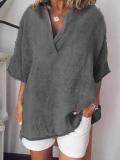 Linen Short Sleeve Solid Casual Shirts Blouses