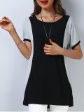 Plus Size Women Short  Sleeve  Round Neck  Black Stitching Gray  Casual  Tops
