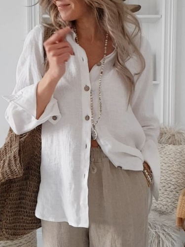 Cotton-Blend Casual Solid Shirts & Tops