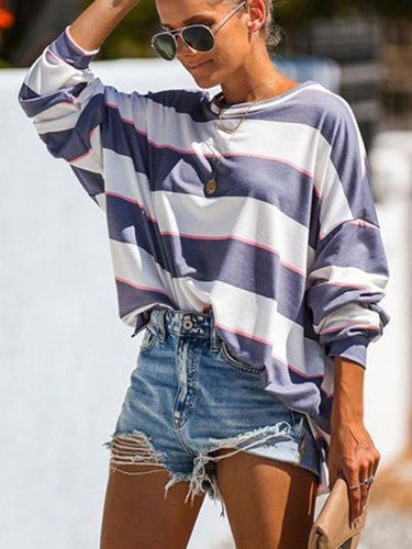 White-Blue Stripes Casual Crew Neck Shirts & Tops