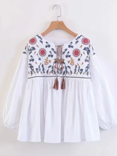Women Casual Embroidered Tops Tunic Blouse Shirt