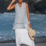 Women Casual Shirts V Neck Sleeveless Asymmetrical Tunics Blouses