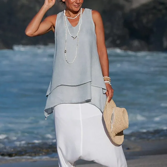 Women Casual Shirts V Neck Sleeveless Asymmetrical Tunics Blouses
