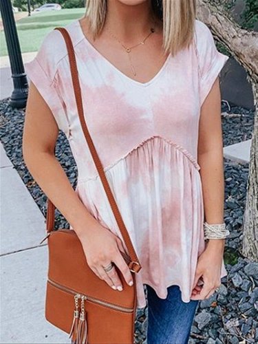 Pink Tie Dyeing Casual V-neck Cotton Top