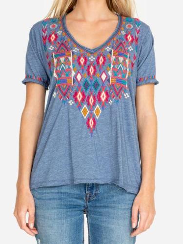 Cotton-Blend Floral Short Sleeve Shirts & Tops