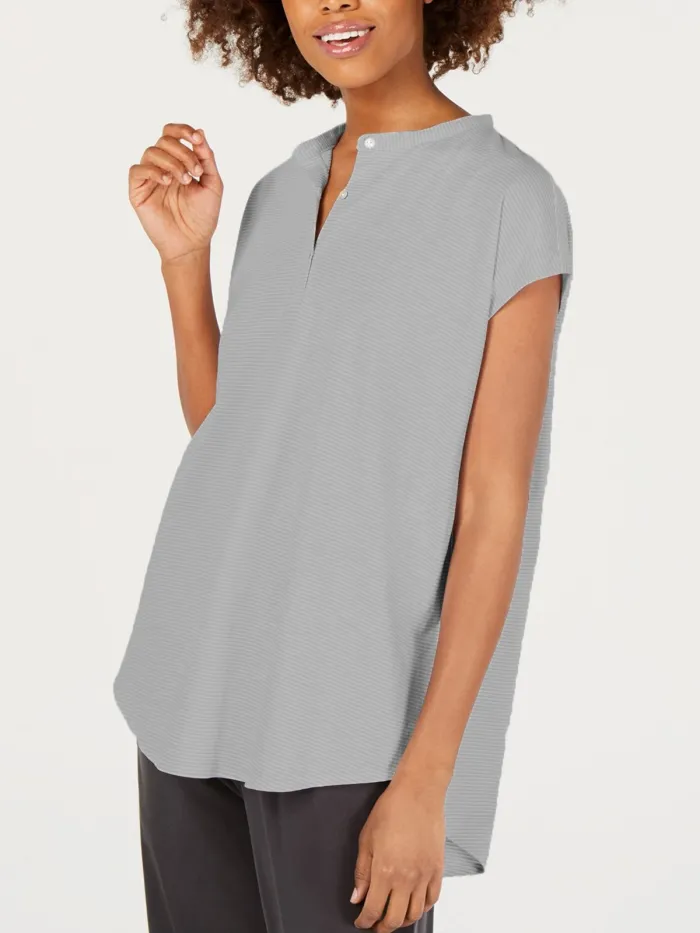 Plus Size Casual Striped V Neck Short Sleeve Shirts & Tops
