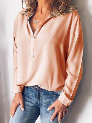 Casual V Neck Cotton-Blend Long Sleeve Shirts & Tops