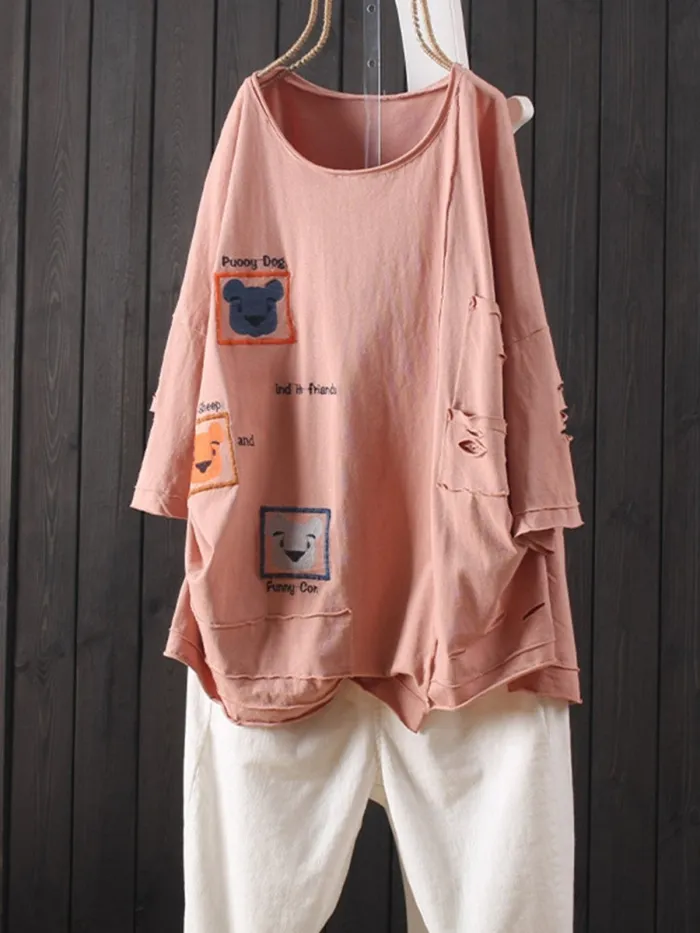Casual 3/4 Sleeve Round Neck Plus Size Tops