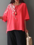 Plus Size Embroidered Round Neck Short Sleeve  Blouse